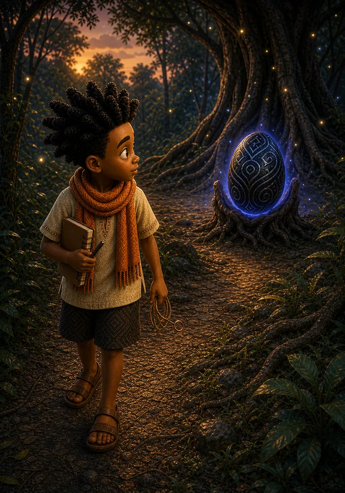 Kweku approaches the clearing with study tools.