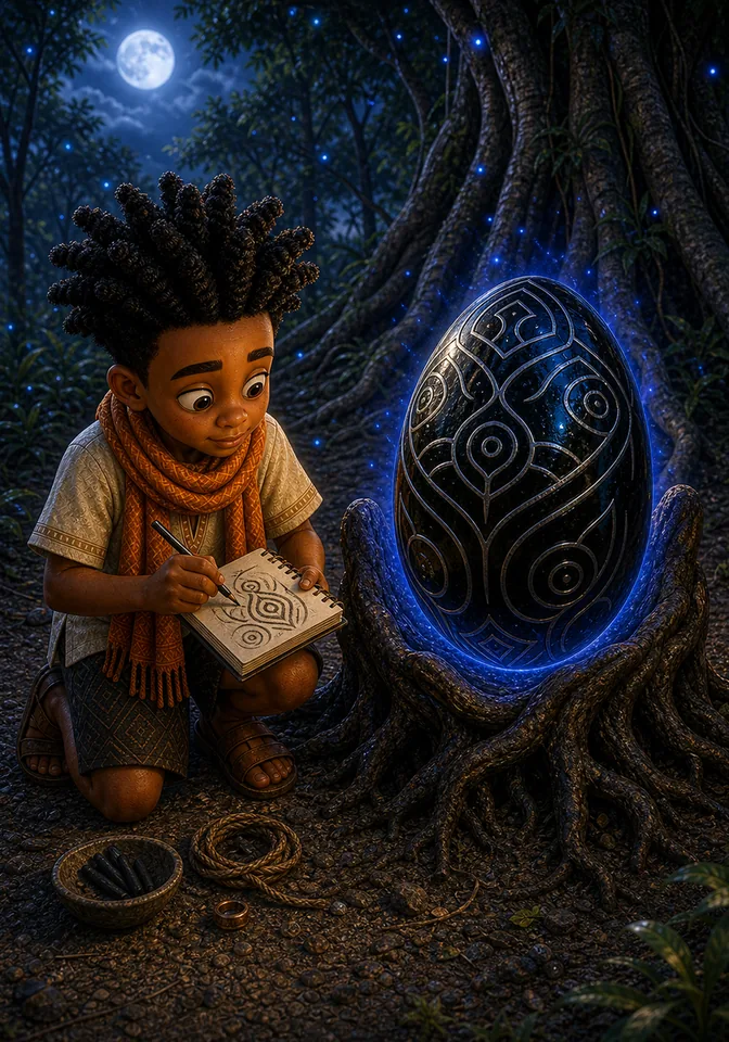 Kweku sketches the egg's silver markings by moonlight.