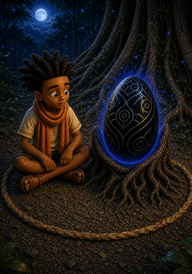 Kweku sits beside a raffia and copper listening circle.