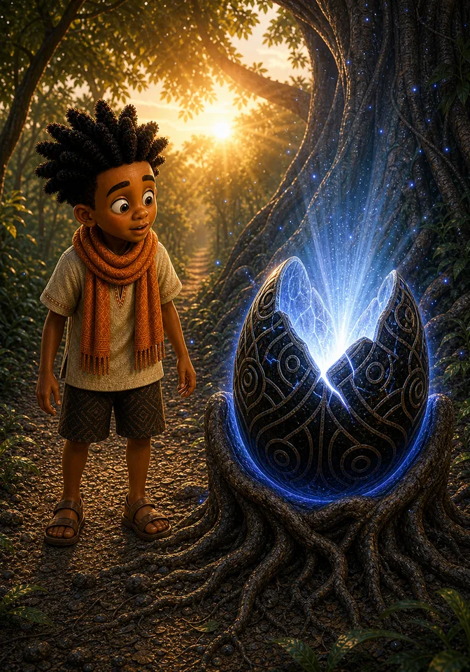 The ebony egg opens with silver-blue light.