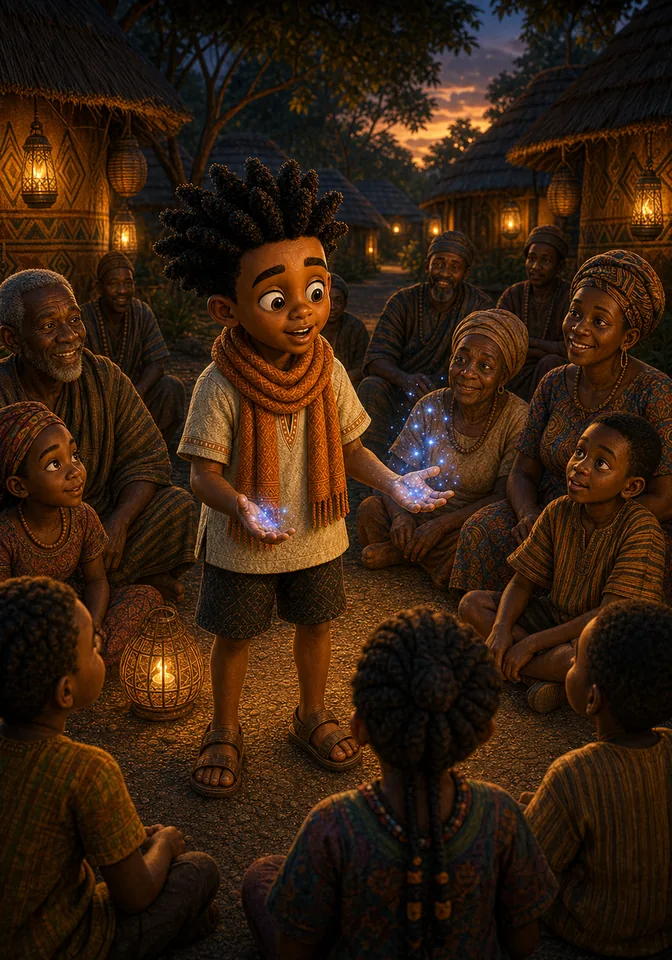 Kweku shares the egg's stories with the village.