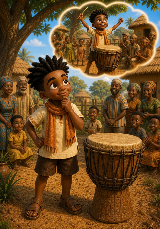 Kweku imagines everyone listening to him play the loudest drum.