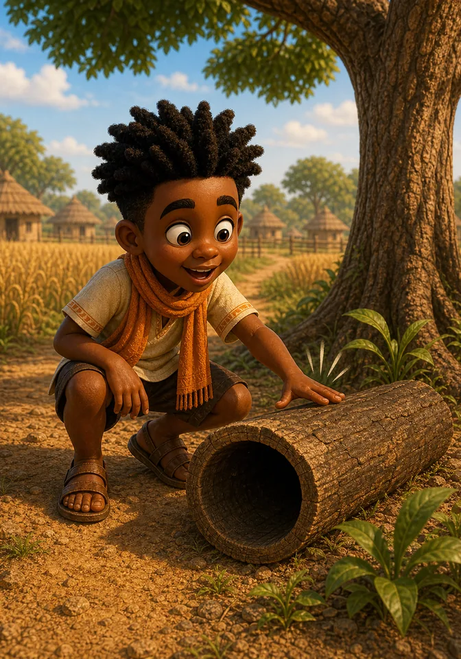 Kweku discovers a hollow log beside an old tree.