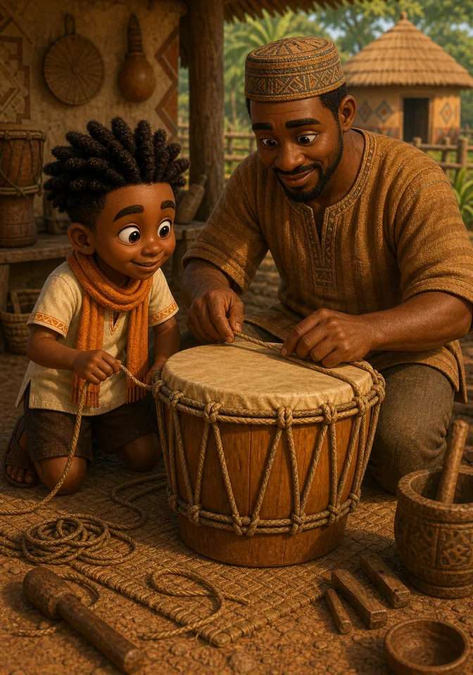 Uncle Kojo helps Kweku make a traditional cord-tied drum.