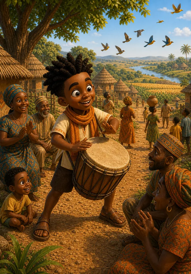 Kweku proudly plays his echoing drum across the village.