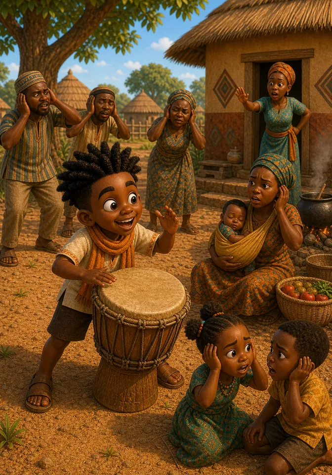 Kweku drums loudly while tired villagers cover their ears.
