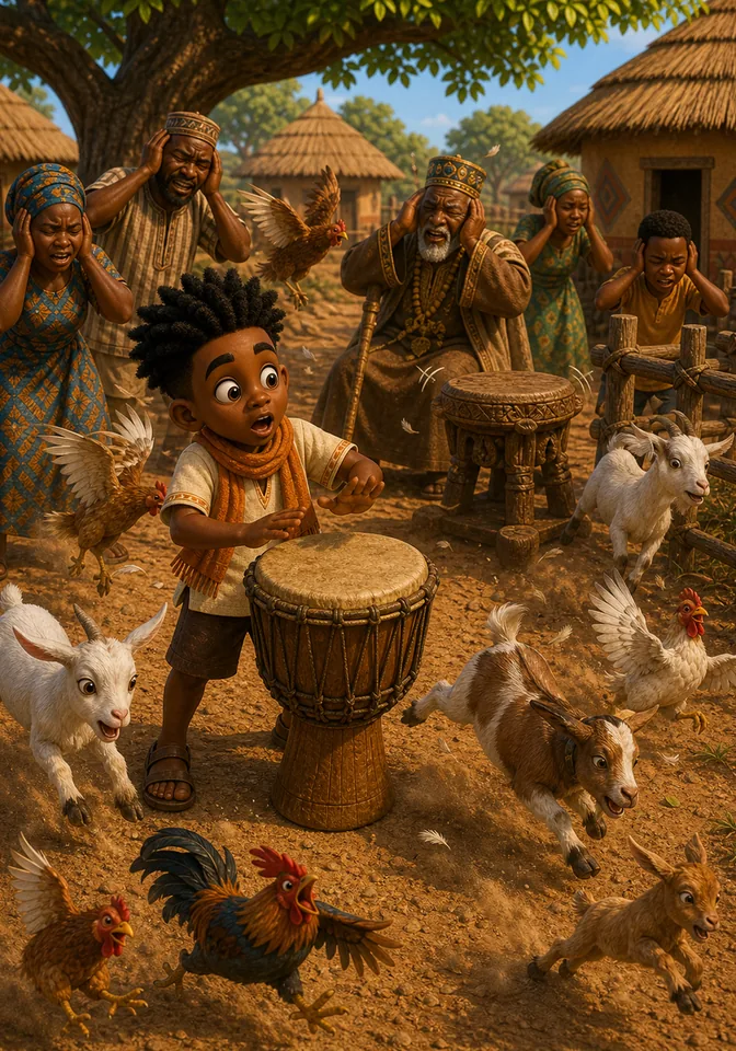 Goats and chickens scatter as Kweku's loud drumming disturbs the village.