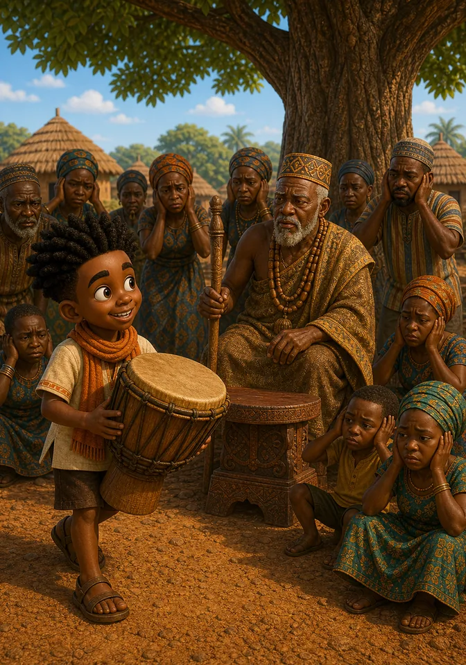 Kweku brings his drum to the village meeting while the people look tired.
