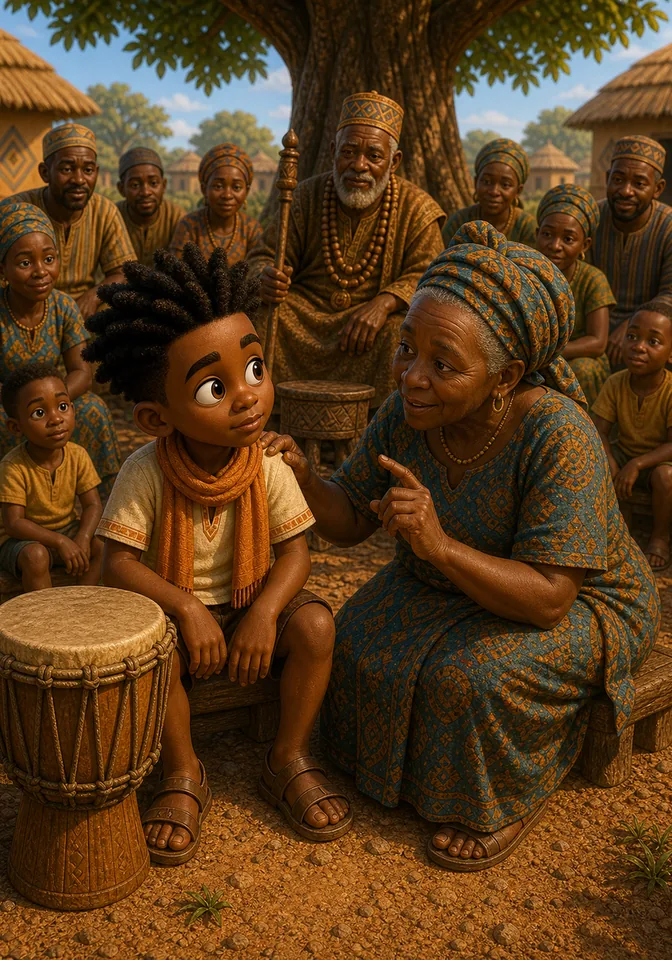 A wise elder gently teaches Kweku that loud is not the same as beautiful.