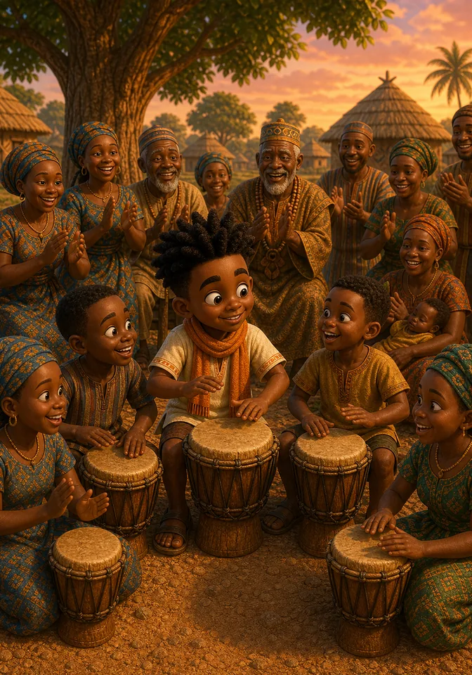 Kweku and the village children play their drums together in harmony.