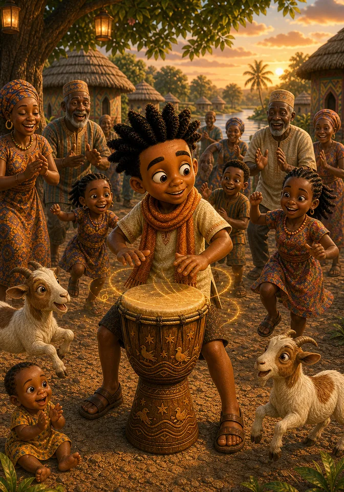 Villagers and goats dance joyfully as Kweku plays the enchanted drum.