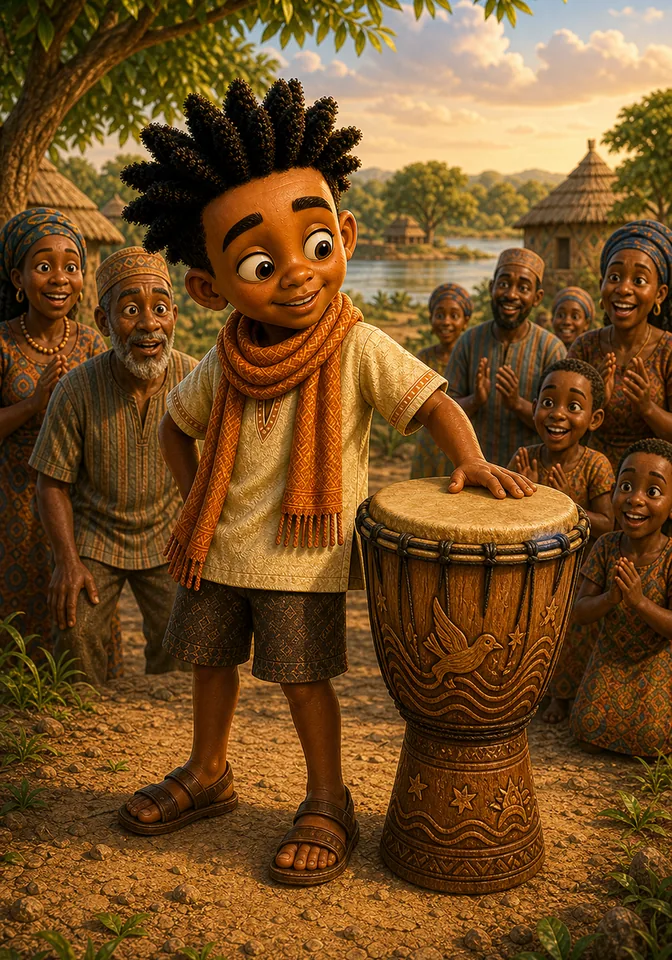 Kweku proudly shows the old carved enchanted drum.