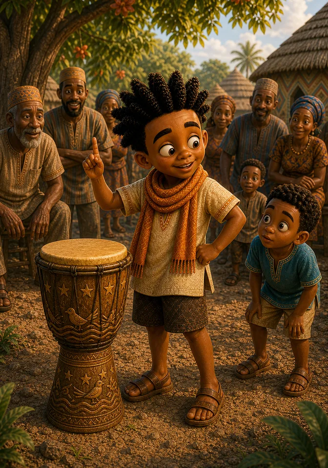 Kweku boasts beside the drum while Efe watches with curiosity.