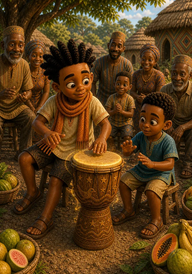 Efe watches Kweku's drumming carefully and copies the rhythm with his hands.