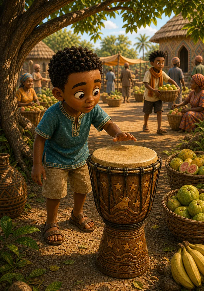 Efe approaches the enchanted drum resting unattended in the shade.