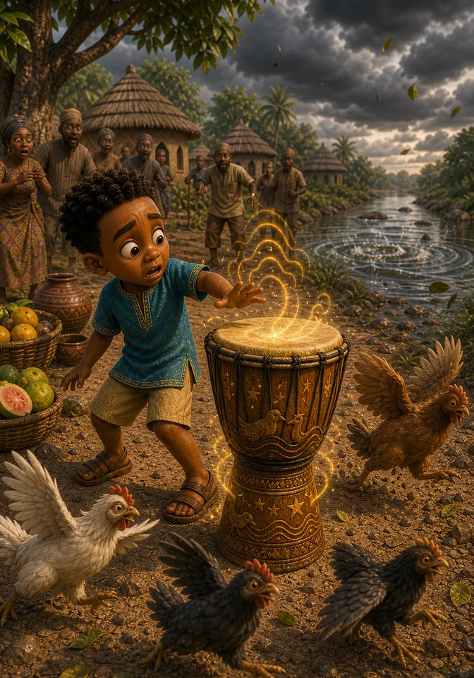 Efe's tap makes the drum wobble with magic as chickens scatter and clouds gather.