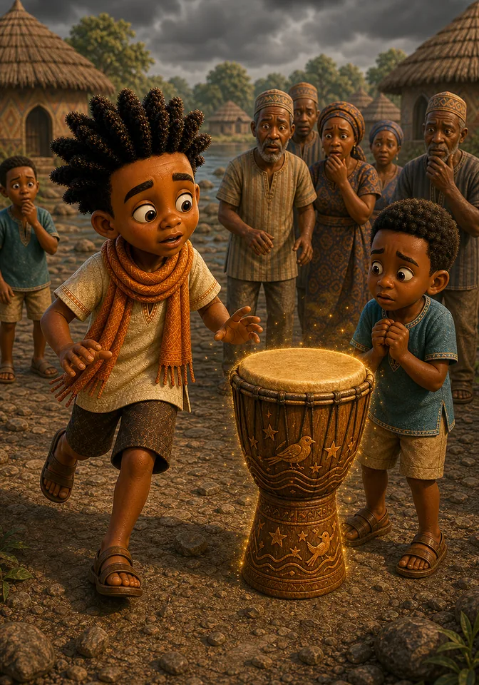 Kweku finds frightened Efe beside the unsettled enchanted drum.