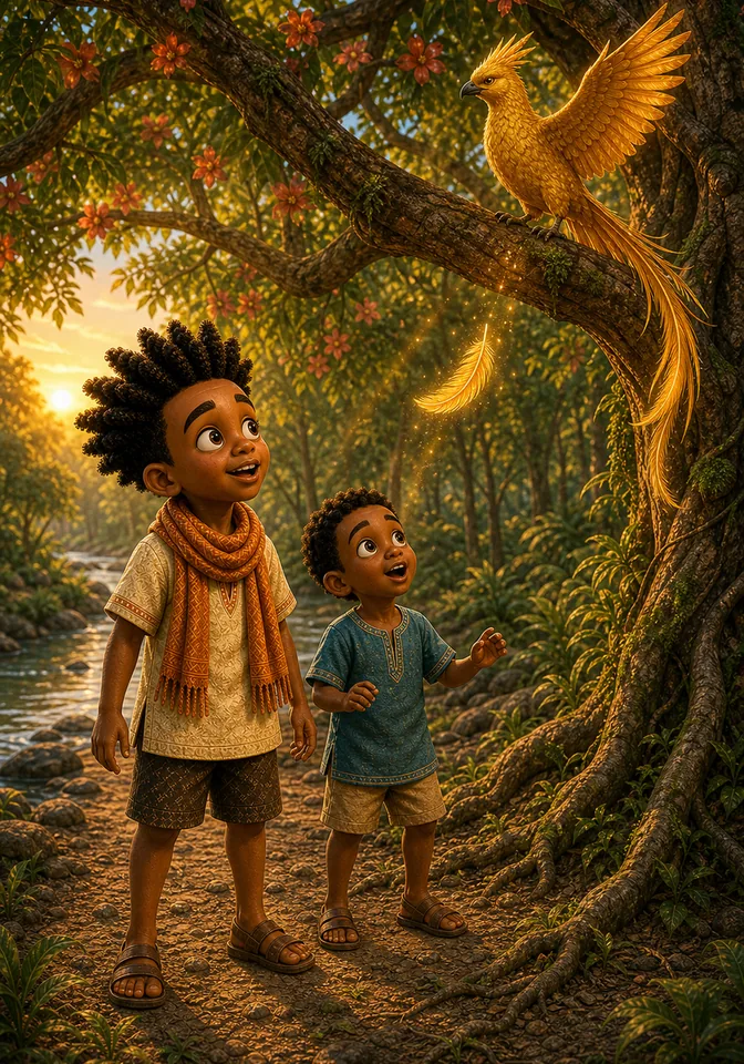 Kweku and Efe watch the golden Akon bird release a glowing feather.