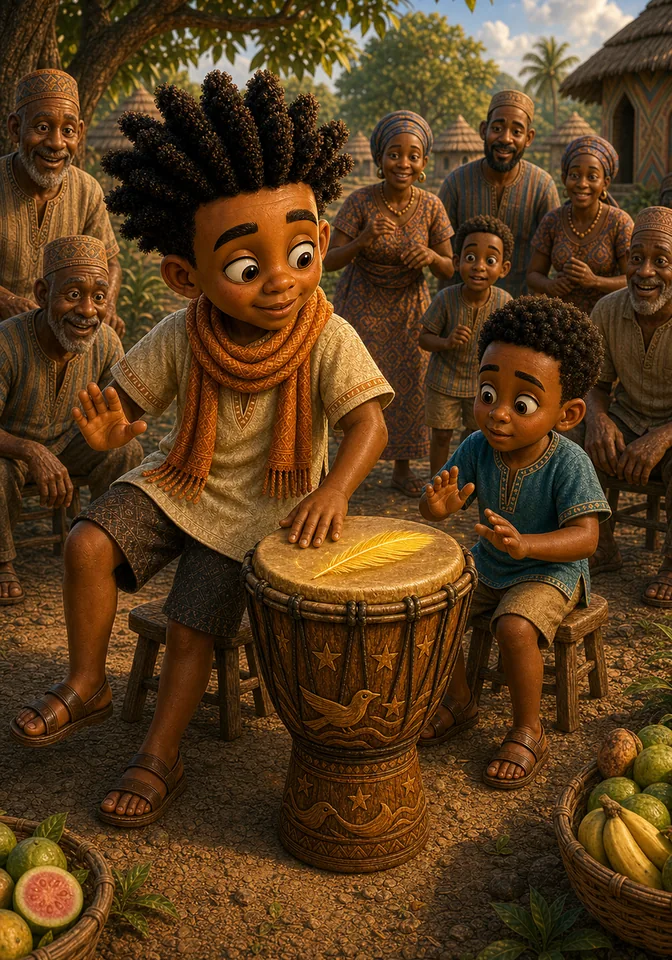 Kweku teaches Efe to play the retuned drum with the golden feather.