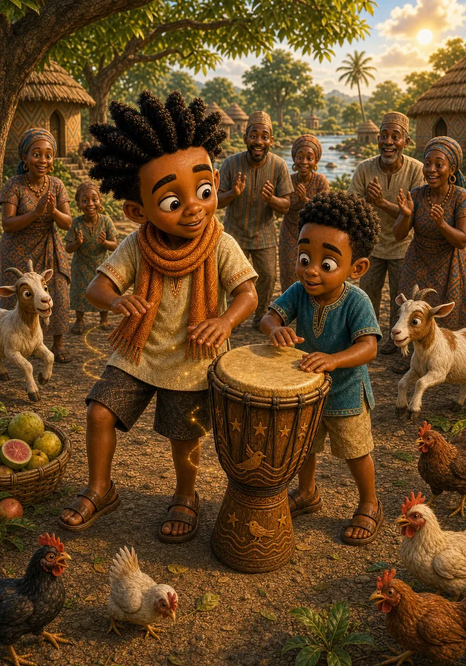 Kweku and Efe play the enchanted drum together as harmony returns to the village.