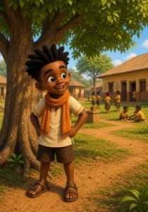 Kweku smiles under a big leafy tree in the school yard.