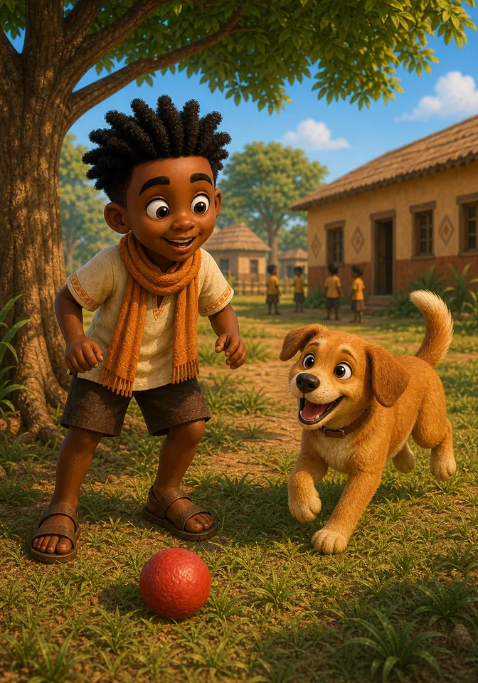 Tano the friendly dog trots toward Kweku while a red ball sits on the grass.