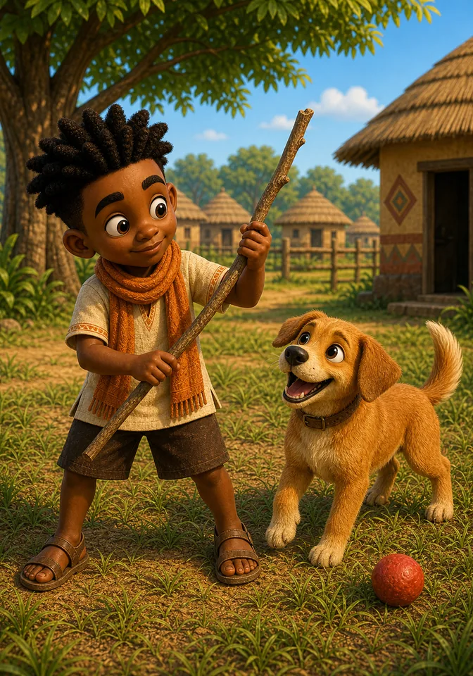 Kweku holds a long bumpy stick while Tano watches.