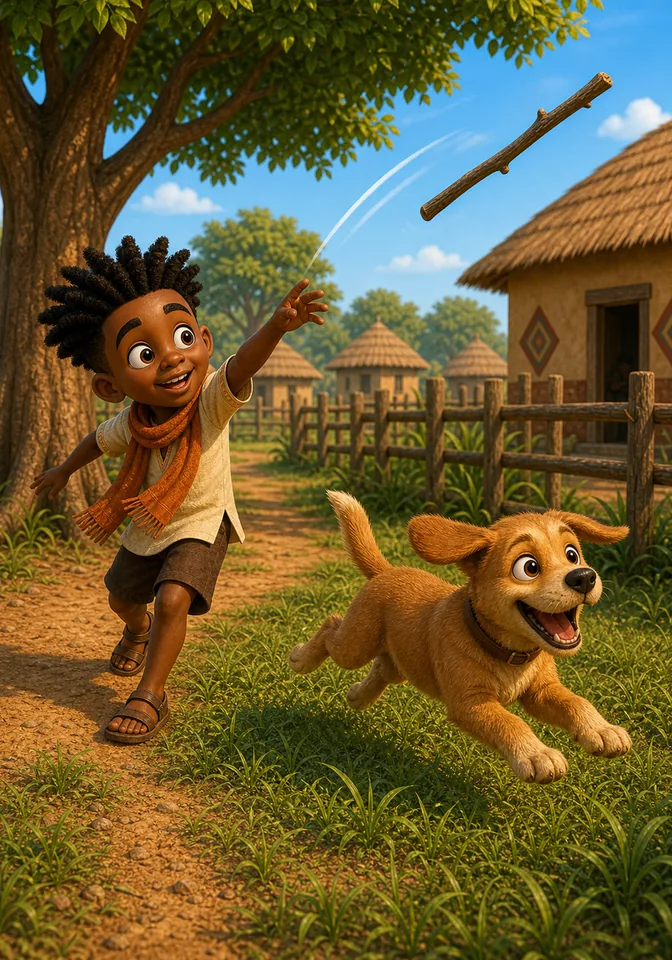 Kweku throws a stick high while Tano runs after it.