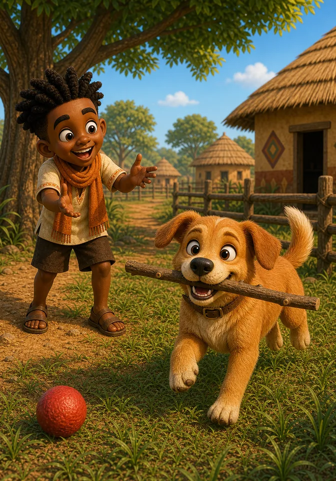 Tano proudly brings the stick back to Kweku.