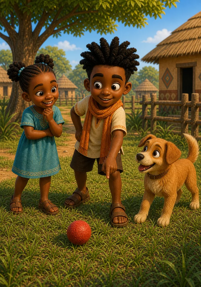 Esi watches as Kweku points toward the red ball.