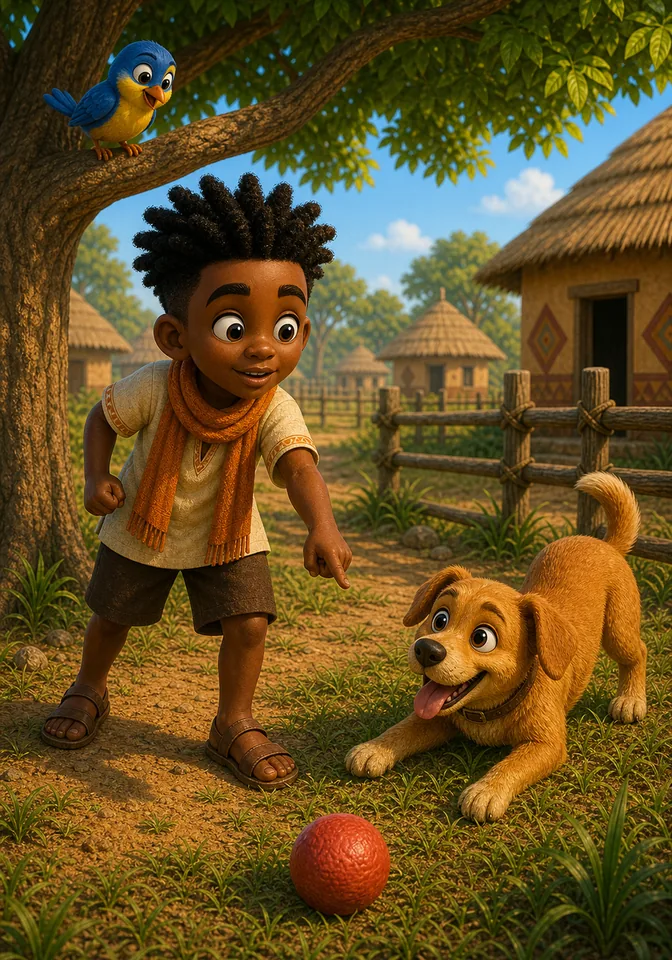 Zizi watches from a branch while Kweku points at the red ball.