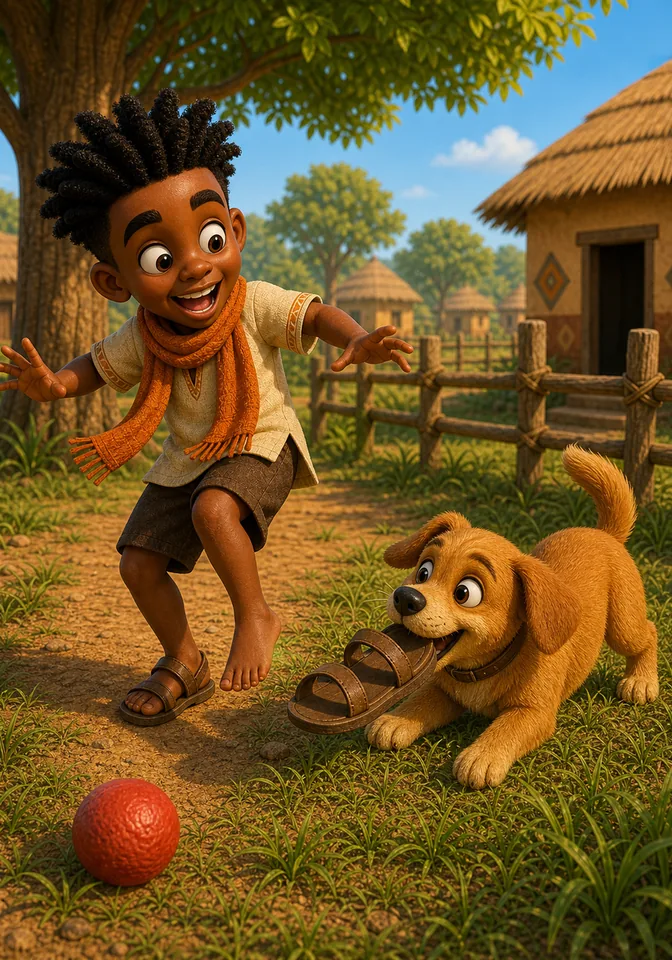 Tano playfully grabs one of Kweku's brown sandals.