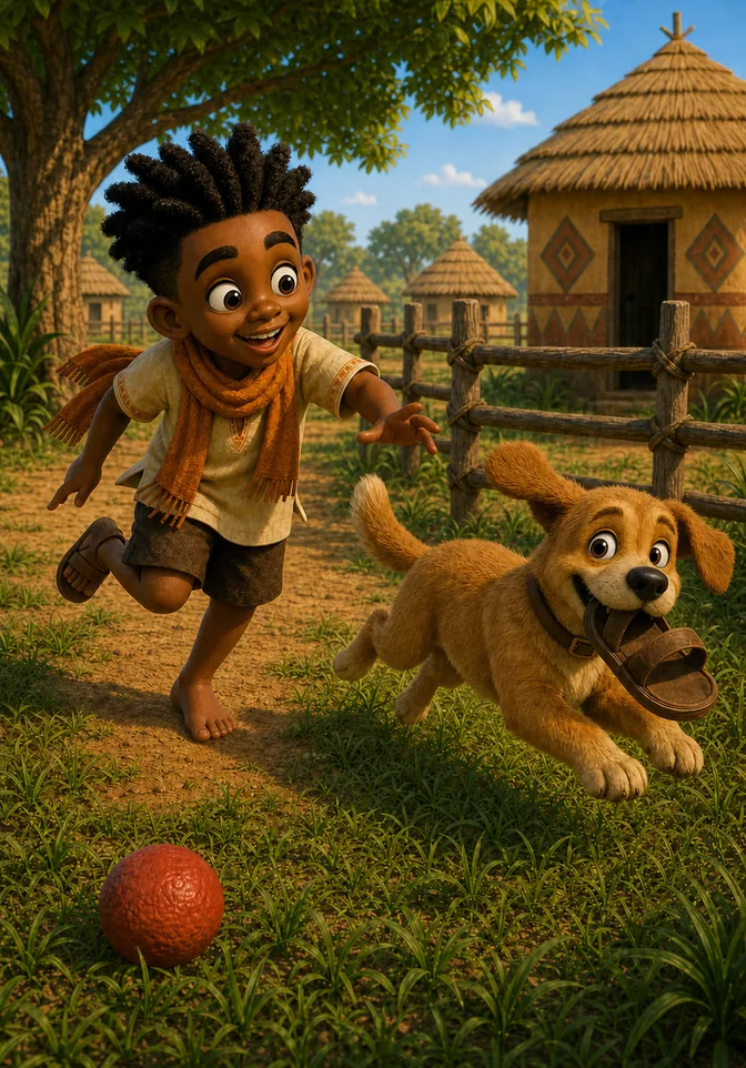 Tano runs with Kweku's sandal while Kweku hops after him and the red ball stays behind.