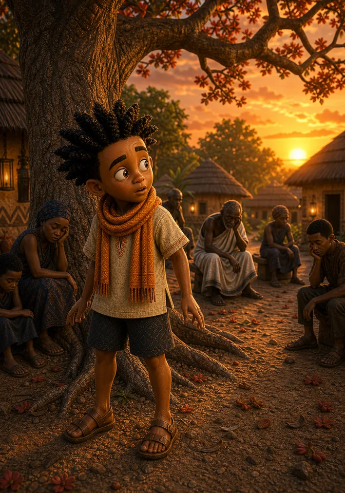 Kweku notices the quiet village without stories.