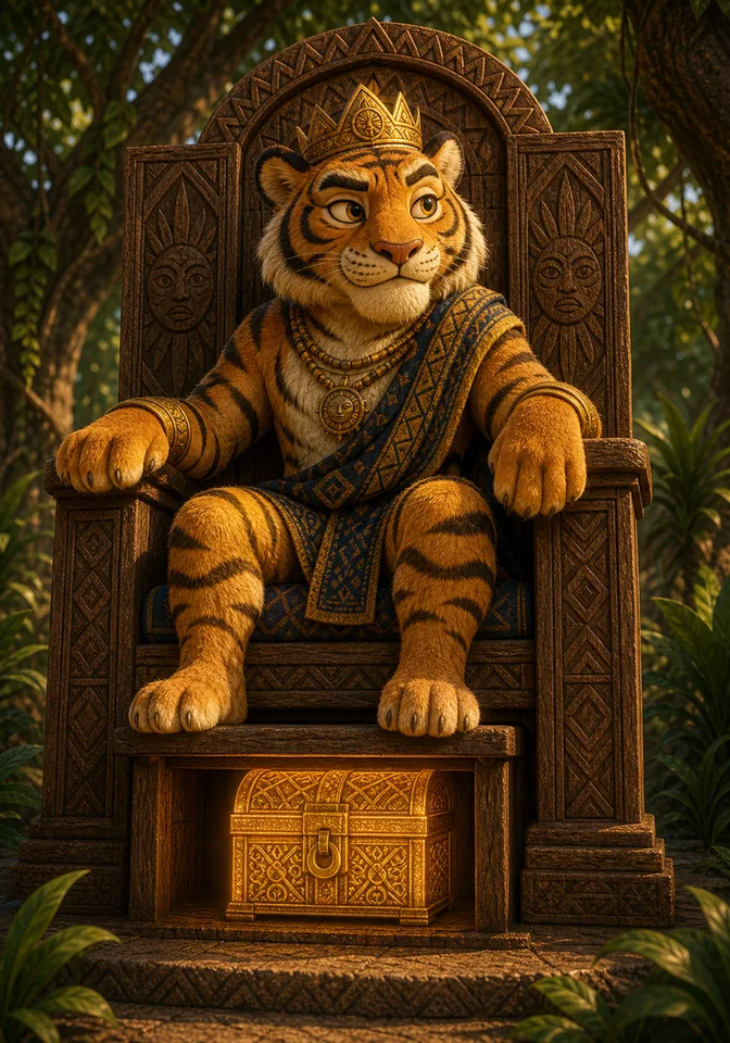Tiger guards the golden story chest beneath his throne.