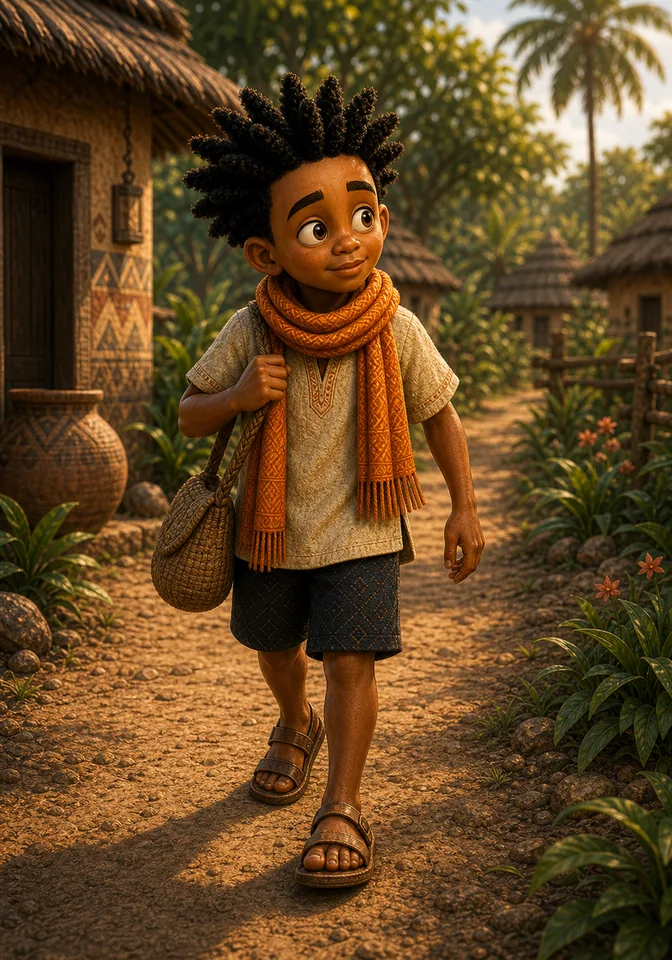 Kweku sets out with his scarf and satchel.