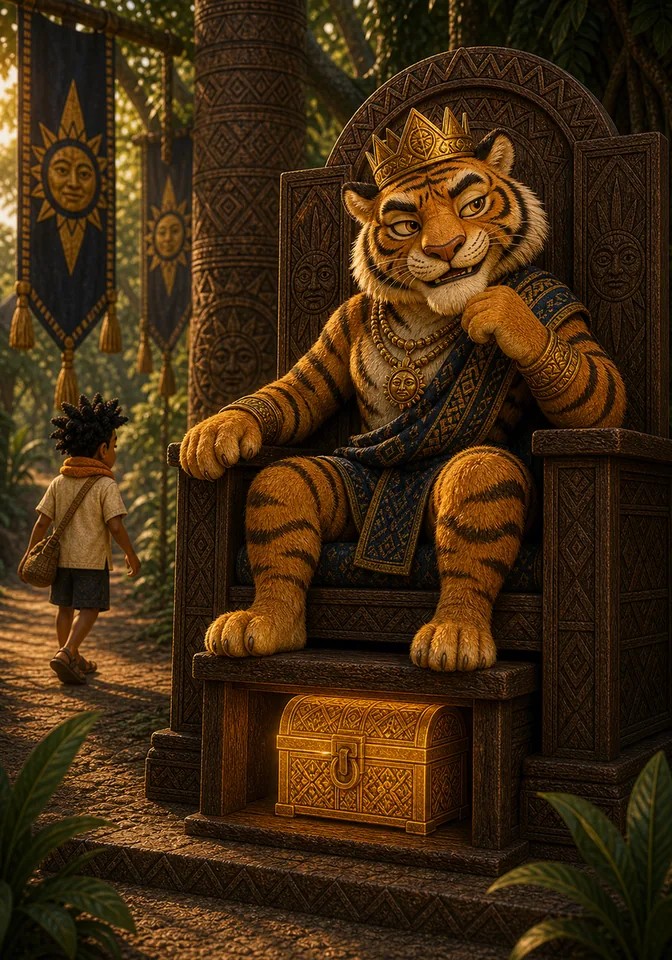 Tiger smirks beside the story chest.