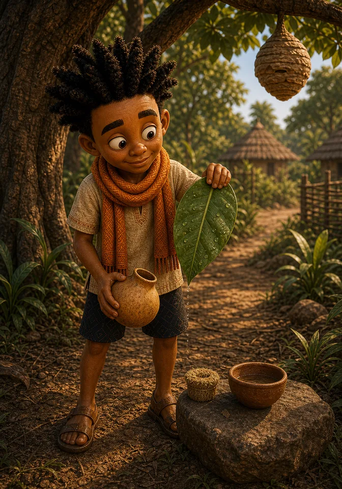 Kweku prepares the gourd and wet leaf trick.