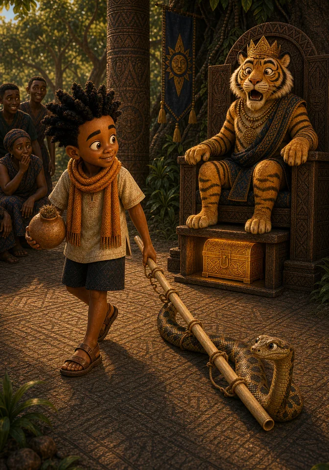 Kweku returns to Tiger with the gourd and bamboo pole.
