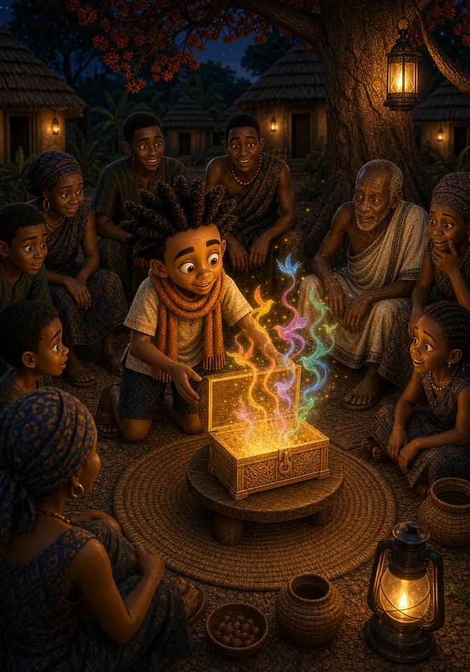 Kweku shares stories with villagers beneath the silk-cotton tree.