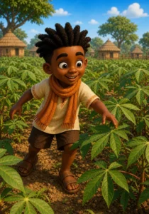 Kweku plays happily in a sunny cassava field.