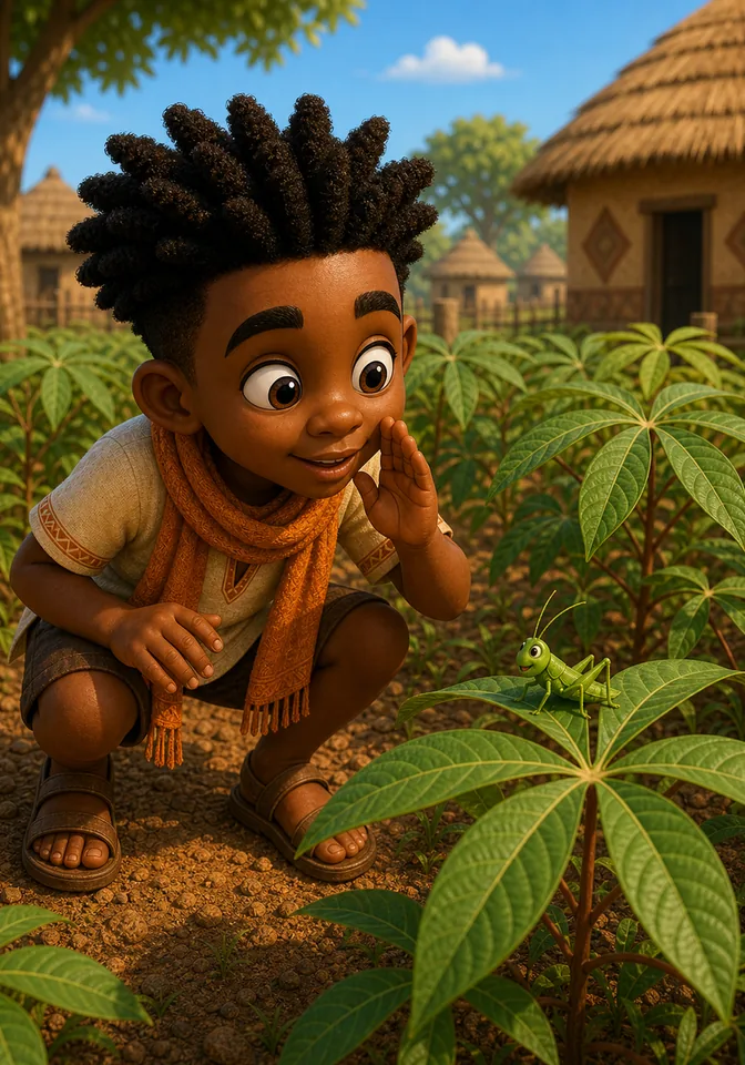 Kweku spots a tiny bright green grasshopper on a cassava leaf.