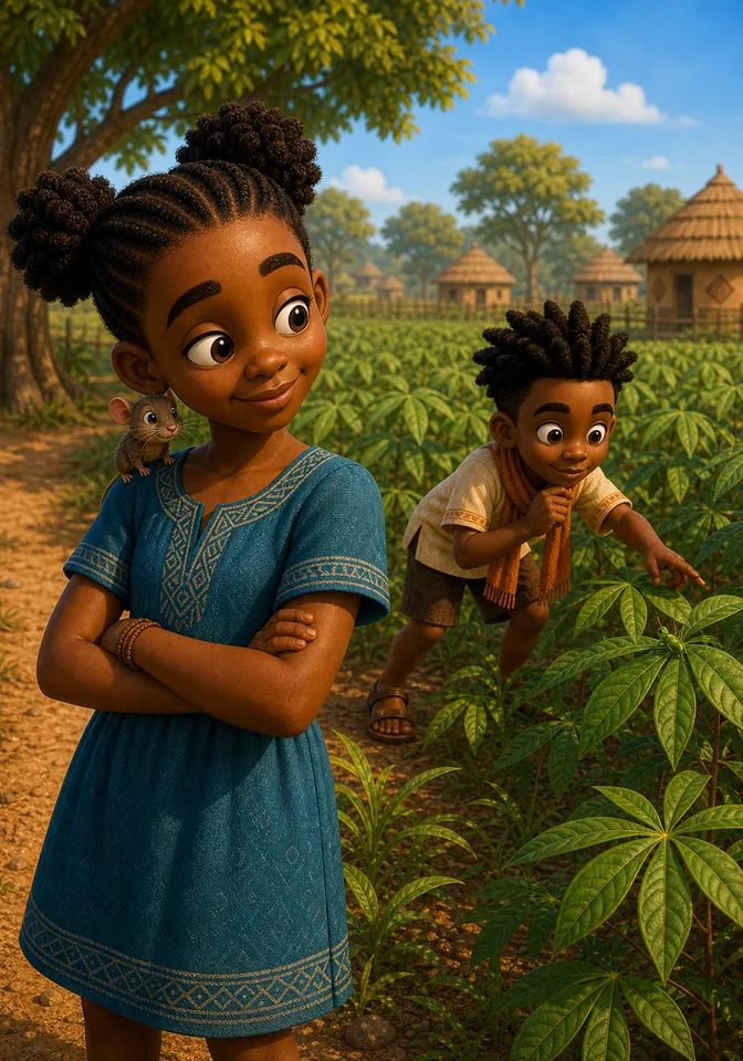 Nala watches Kweku from the field edge with Tano the Mouse on her shoulder.