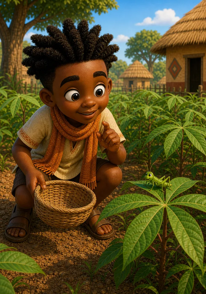 Kweku holds a woven basket and plans a trick for the grasshopper.