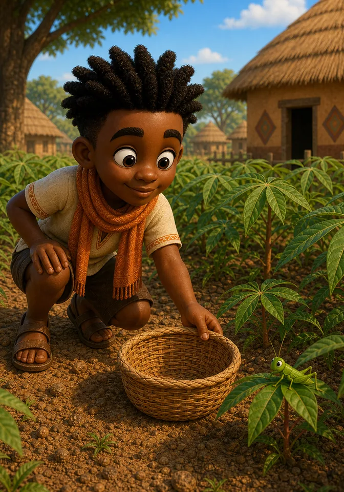 Kweku places a woven basket in front of the grasshopper.