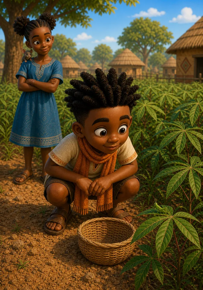 Kweku waits very still beside the basket while Nala and Tano watch.