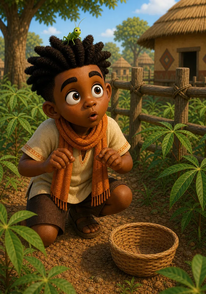 The grasshopper lands on top of Kweku's hair while he freezes in surprise.