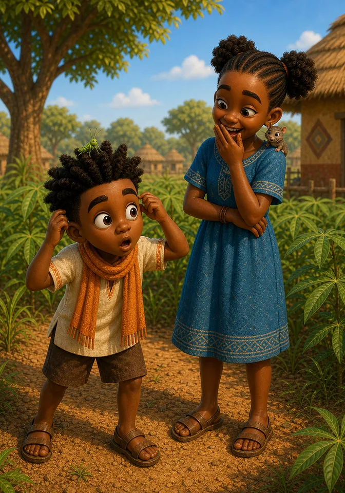 Nala laughs kindly as the grasshopper sits on Kweku's head.