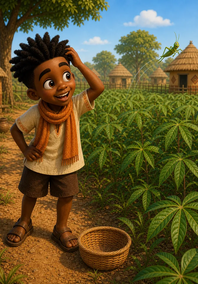 Kweku laughs and rubs his head as the grasshopper jumps away.