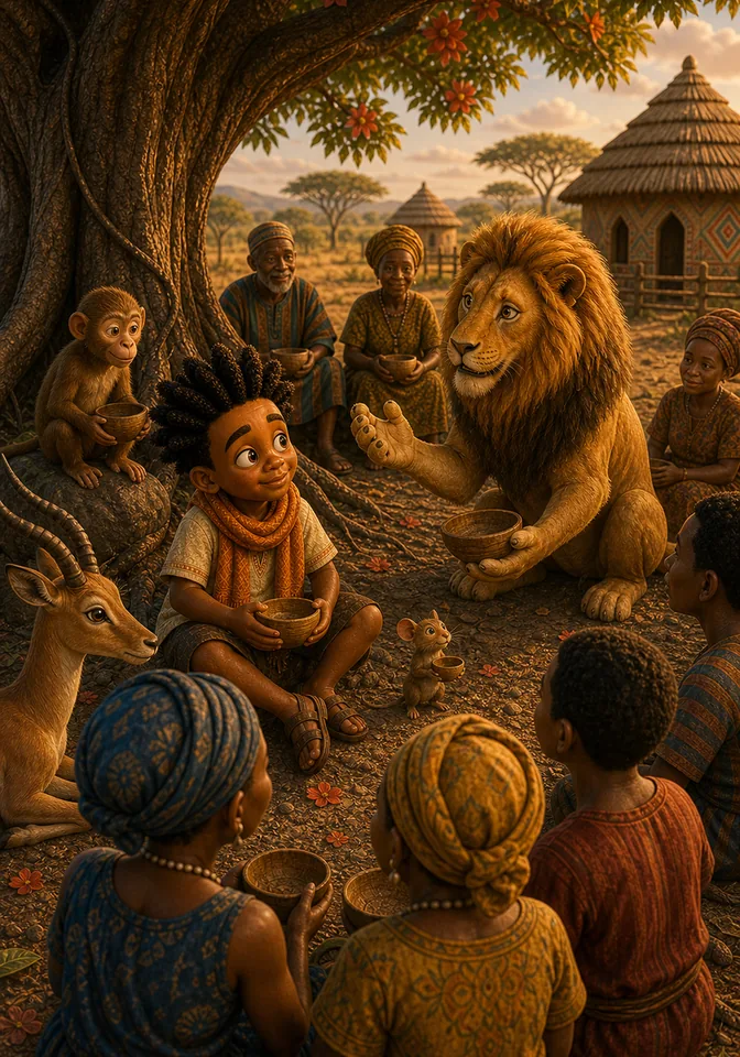 Lion gathers Kweku and the hungry animals beneath the silk-cotton tree.